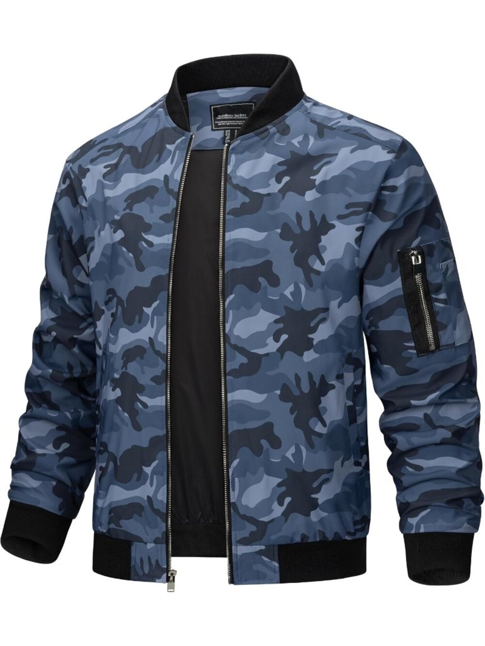 Mens Blue Camo Full Zipper Stand Collar Pocket Classic Windbreaker Bomber Jacket